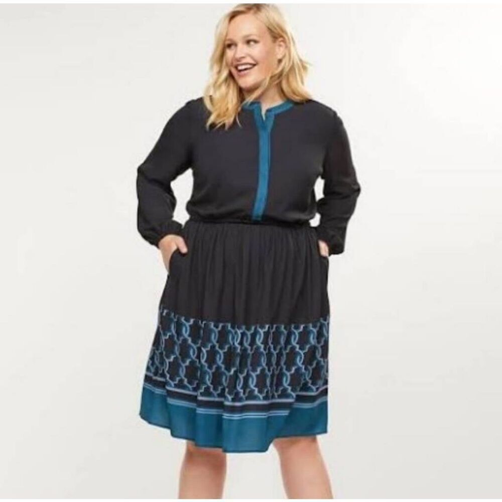 Lane Bryant Black Geometric Long Sleeve Midi Dress Size 14